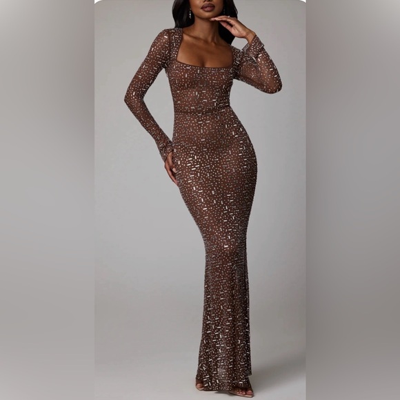 Dresses & Skirts - Oh Polly Isabeau  Sheer Embellished Long Sleeve Evening Gown in Deep Cocoa, 6